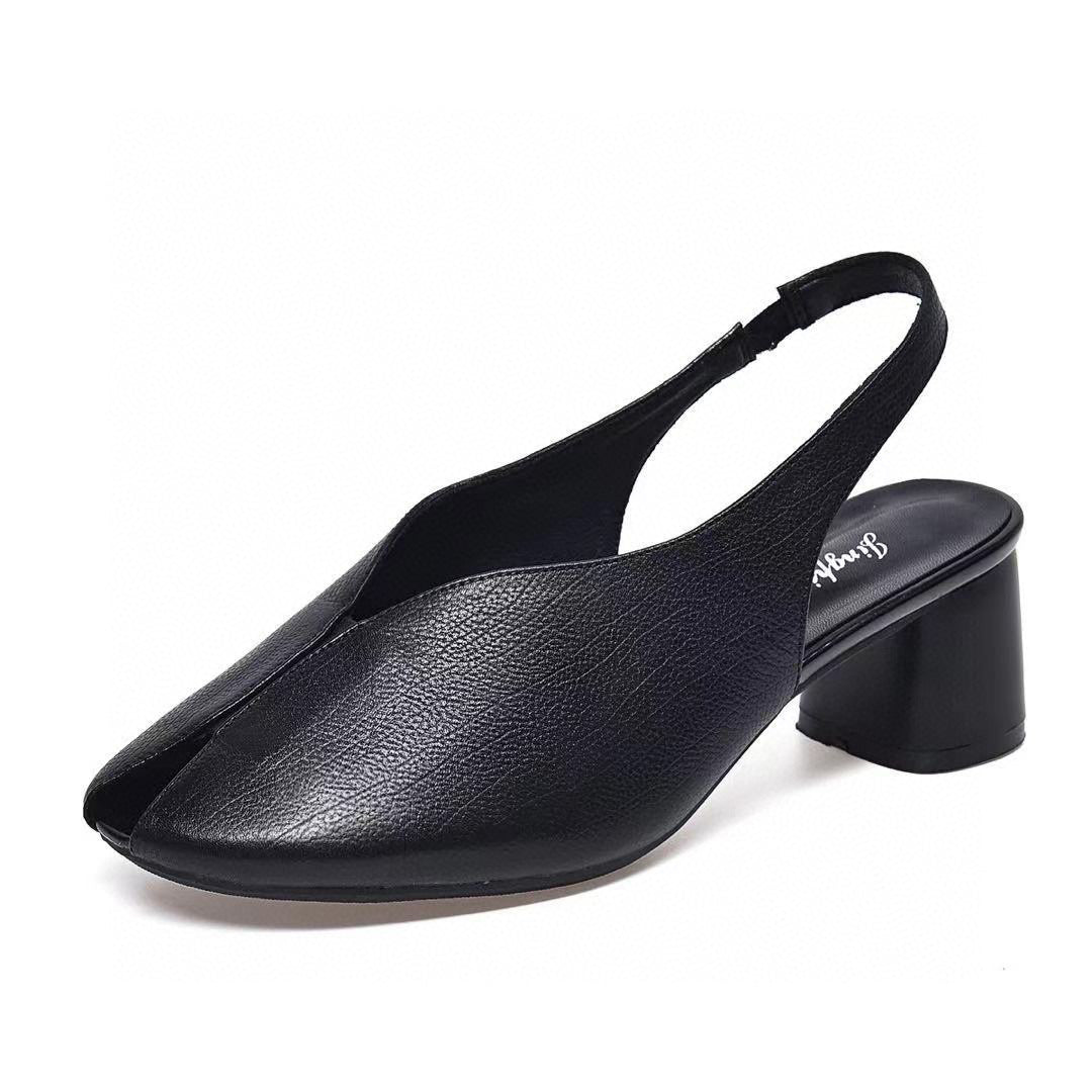 Women's Toe Back Empty Chunky First Layer Cowhide Fish Heels