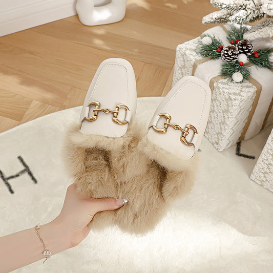 Women's Woolen Outer Wear Rabbit Fur Mules Flat Toe Box Sandals