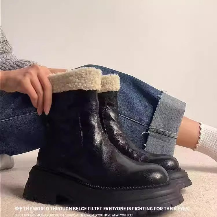 Women's Popular Sheepskin Winter Fleece-lined Platform Hight Increasing Martin Snow Boots