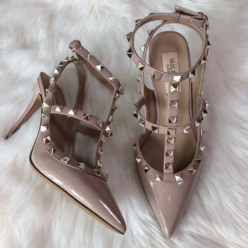 Women's High Rivet Pointed Toe Patent Stiletto Heels