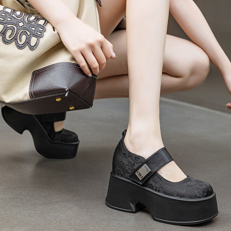 Women's Jacquard Pumps Female Summer Mary Jane Velcro Solid Color Loafers