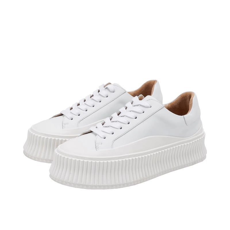Women's Full Cowhide Platform Height Increasing Insole White Authentic Biscuit Sneakers