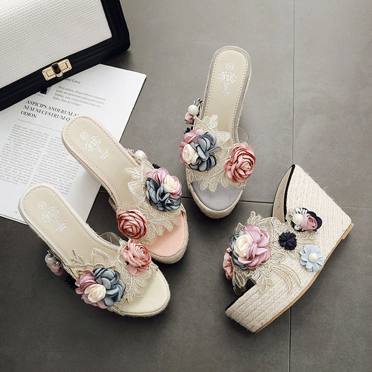 Women's Platform Hemp Rope Woven Flower Pearl Transparent Sandals