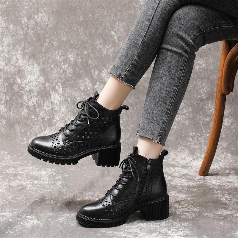 Women's Cowhide Cool Round Head Chunky Bottom Heels