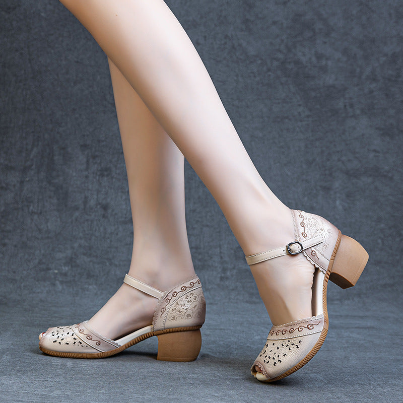 Women's Summer Genuine Hollowed Thick Soft Bottom Heels