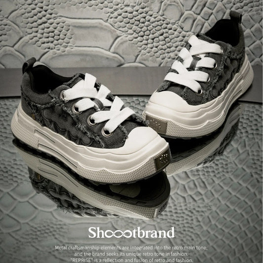Women's & Men's Thick Sole Increased Retro Destroyed Denim Canvas Shoes