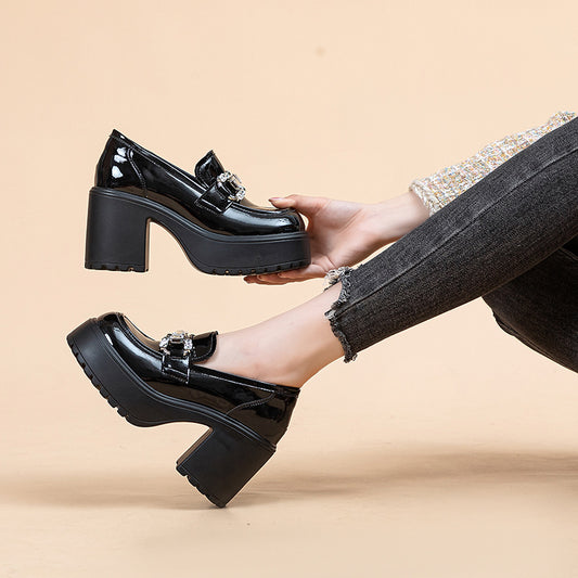 Women's Heightening Pad Platform Slip-on Black Rhinestone Loafers