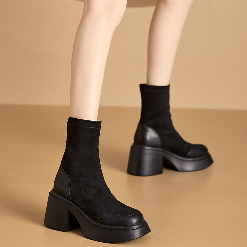 Female Skinny Versatile Breathable Stretch Platform Boots