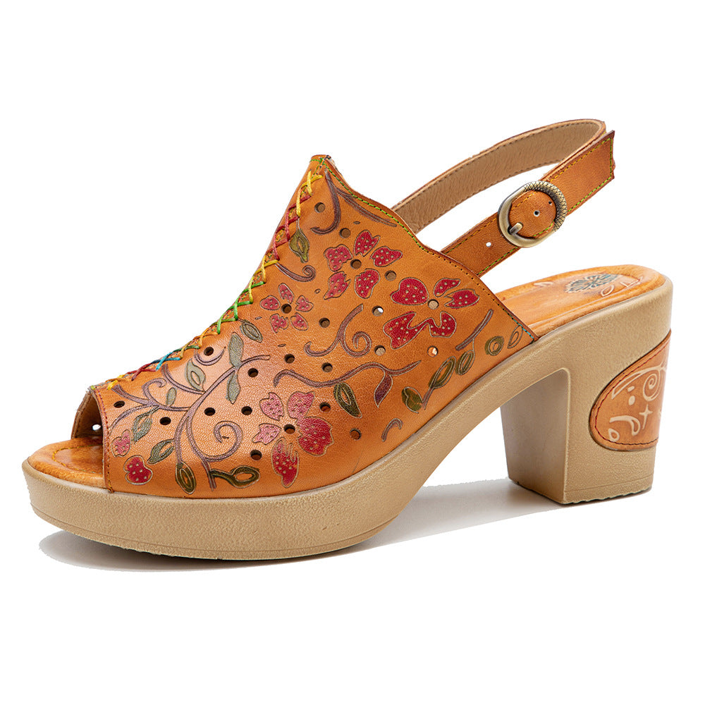 Color Printed Hollow Comfort Chunky Buckle Heels