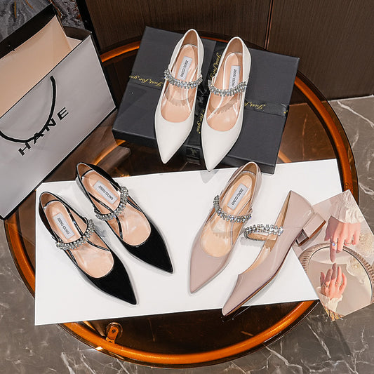 Women's Summer Rhinestone Pointed Toe Chain Soft Bottom Pumps Heels