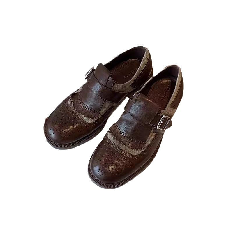 Women's Grape Mom Cowhide British Style Single-layer Carving Brogue Loafers