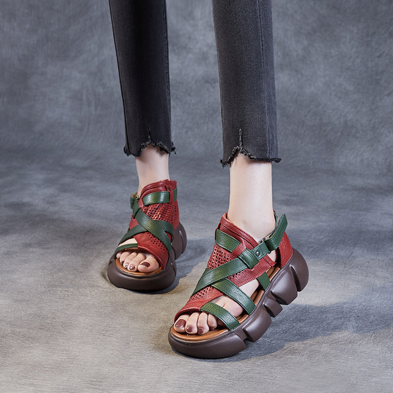 Women's Layer Cowhide Open Toe Peep Color Stitching Roman Sandals