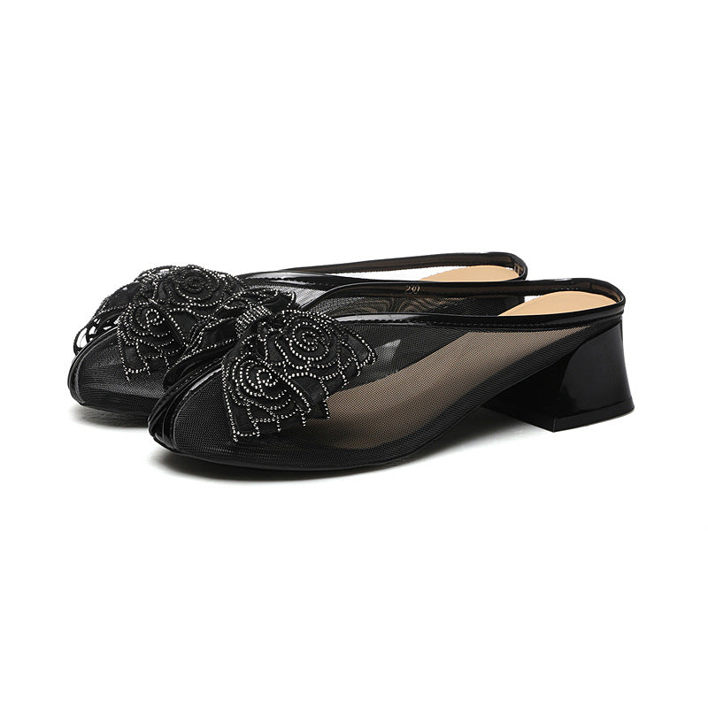 Women's Outer Wear Summer Mesh Rhinestone Butterfly Half Sandals