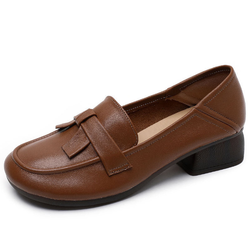 Women's Top Layer Cowhide Retro Style Large Size Thick Round Loafers
