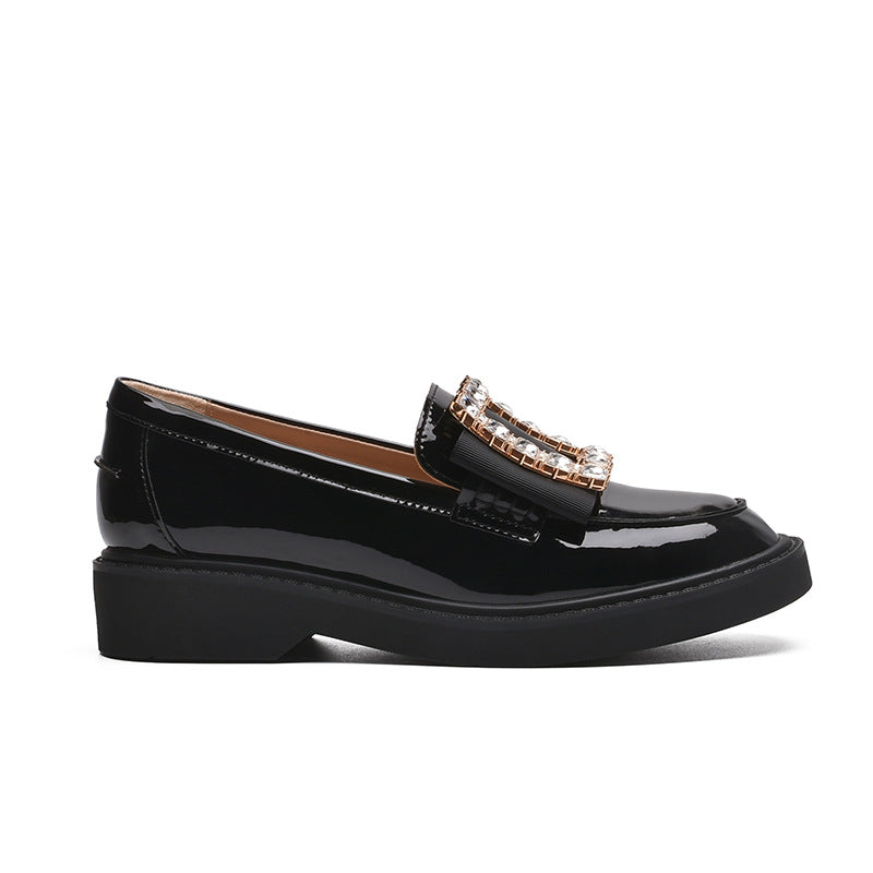 Women's Square Buckle Round Toe Pumps Metal Rhinestone Raise Leather Shoes