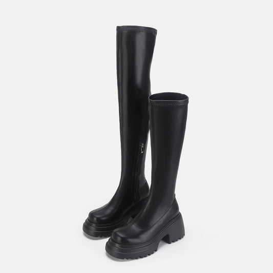 Women's Knee Black Platform Martin Small Stretch Boots