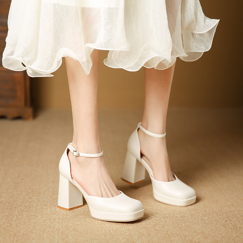 Women's Goddess Waterproof Platform Square Toe Hollow High Word Strap Heels