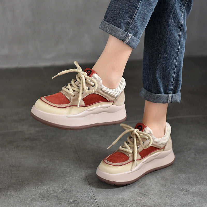 Women's Platform Genuine First Layer Cowhide Red Casual Shoes