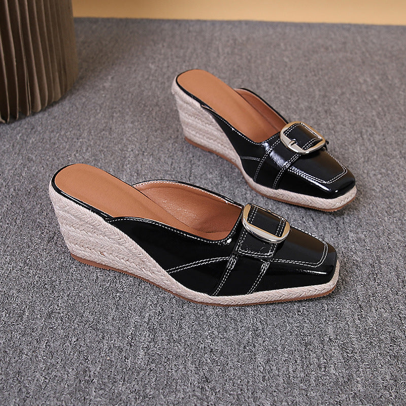 Women's Toe Wedge Closed Buckle High Platform Straw Woven Slippers