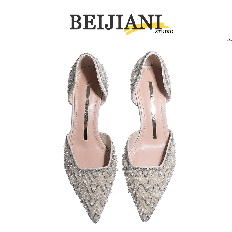 French Style Bright Crystal Pearl Wedding Bridesmaid High Pointed Toe Women's Fashion Shoes