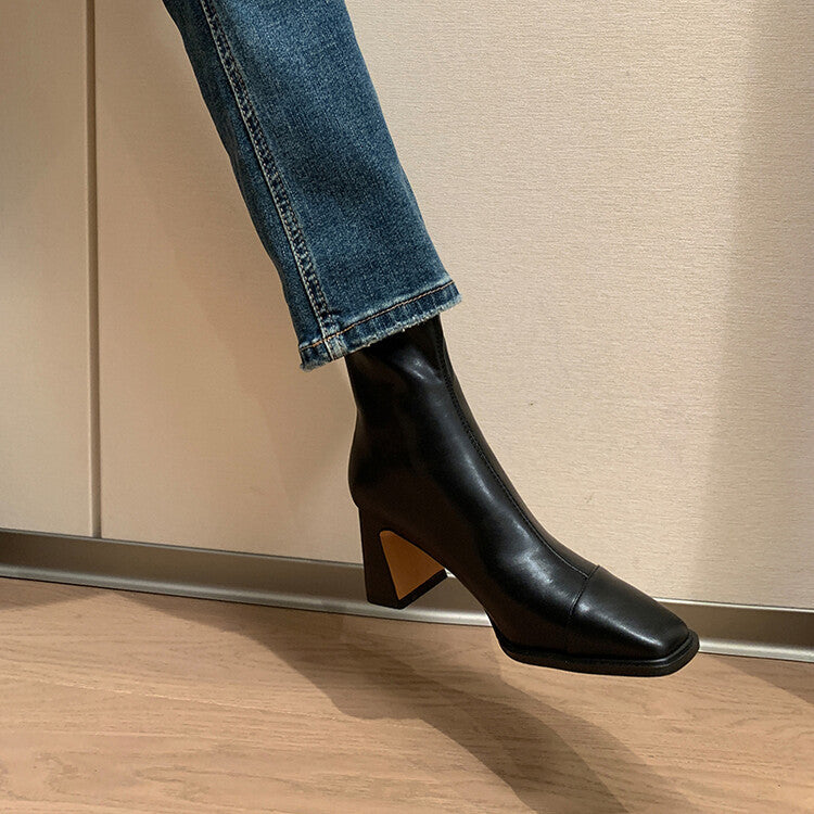 Women's Style Square Toe Chunky Brown Booties Single Back Zipper Boots