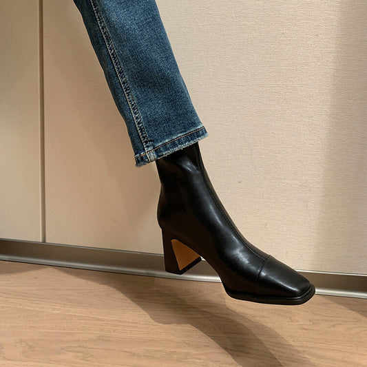 Women's Style Square Toe Chunky Brown Booties Single Back Zipper Boots