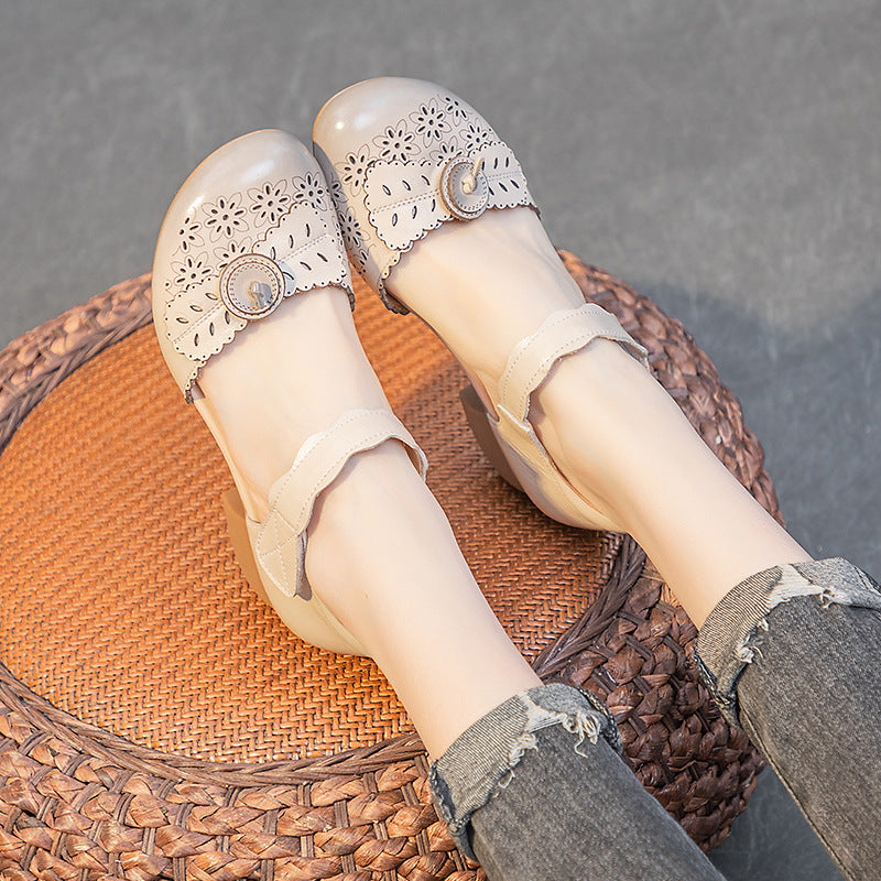Women's Summer Chunky Mid Top Layer Cowhide Retro Rub Colored Heels