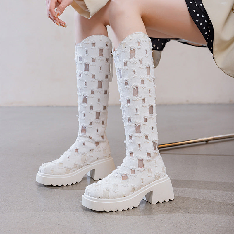 Women's Thick Bottom Summer Hollow Breathable Denim Skinny Sandals