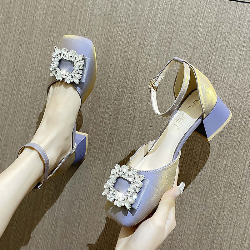 Women's Summer Retro Square Toe Chunky Mary Jane Small Heels