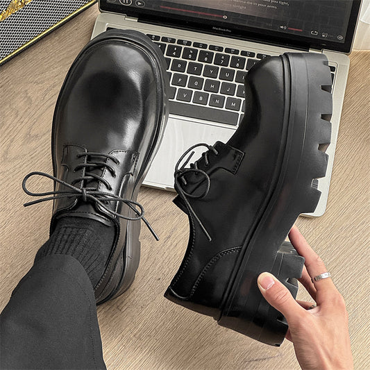 Men's Platform Height Increasing Derby High-grade Black Leather Shoes