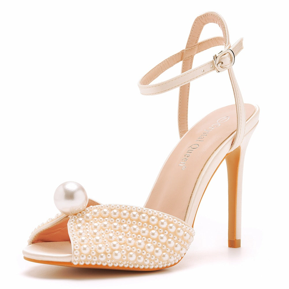 Women's White Pearl High Banquet Wedding Dress Heels