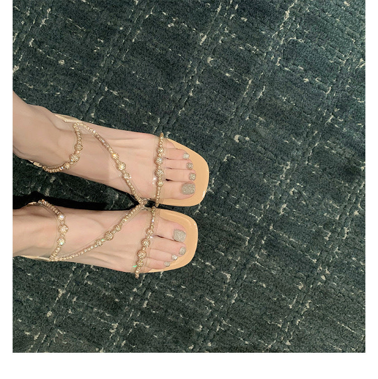 Women's Cute Gold Square Toe Transparent Rhinestone Sandals