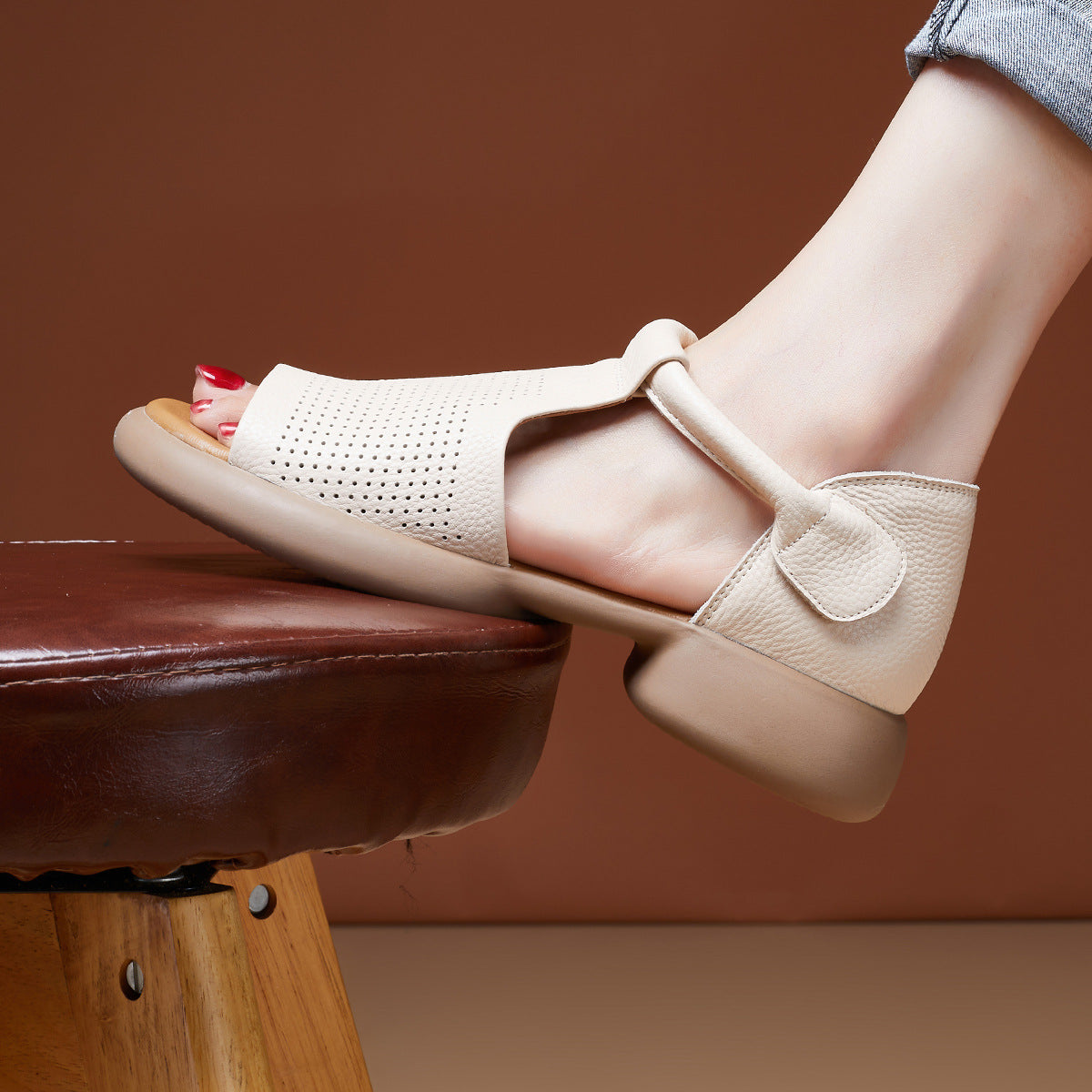 Women's First Layer Cowhide Summer Side Empty Sandals