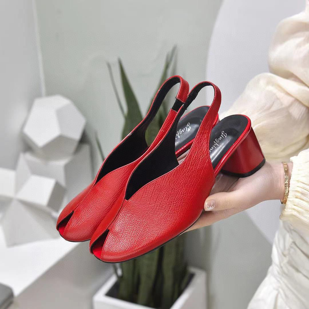Women's Toe Back Empty Chunky First Layer Cowhide Fish Heels