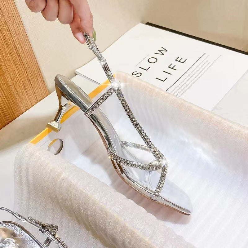 Rhinestones Strap Summer Open Toe Patent Heels