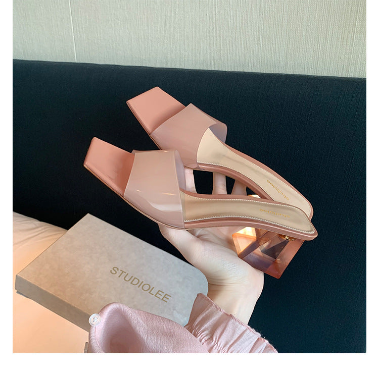 Women's End Series Square Toe Rhinestone Transparent Heels
