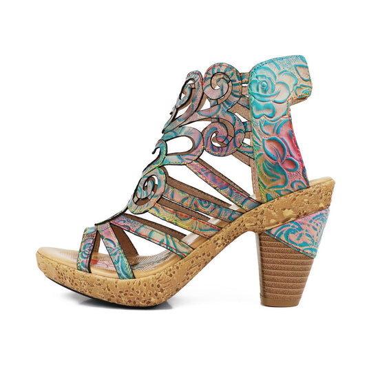 Retro Ethnic Style Fish Mouth Top Layer Heels