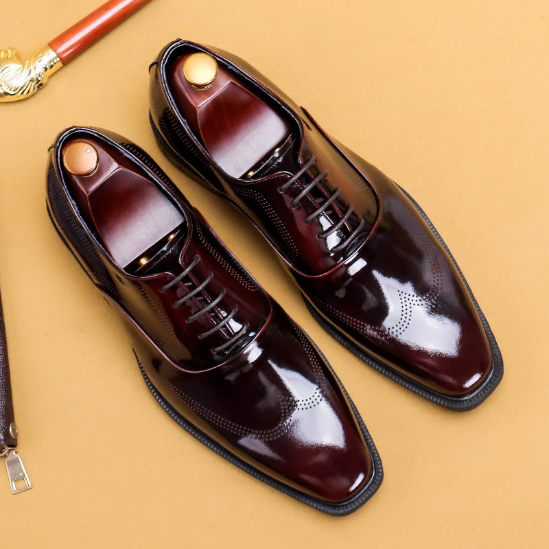 Men's Glossy Patent British Style Carving Business Leather Shoes