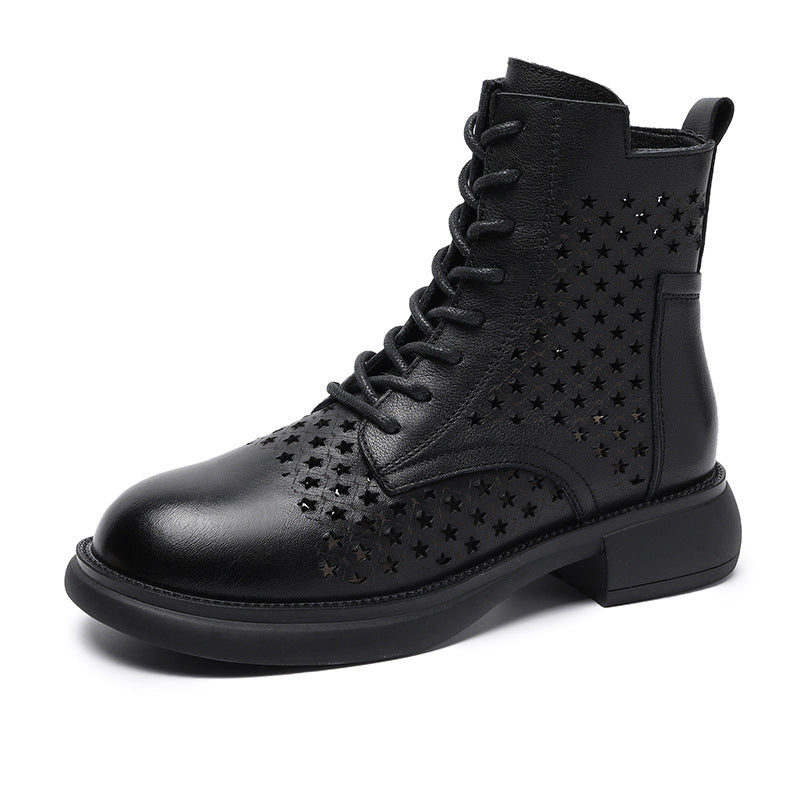 Women's Layer Cowhide Hollow Ankle Retro British Boots