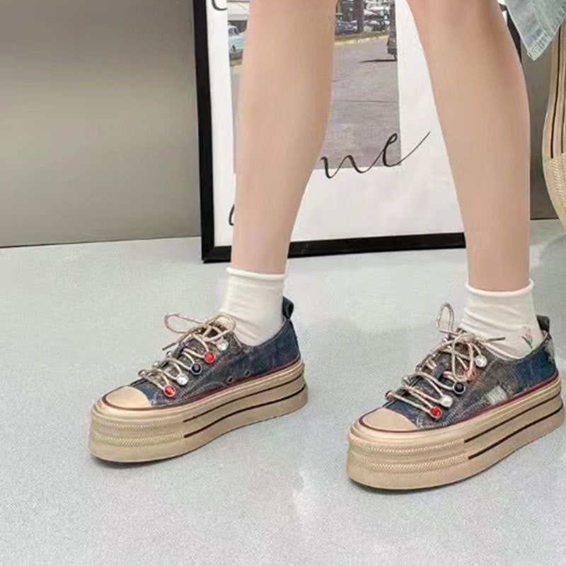 Women's Old Summer Super Popular Muffin Bottom Campus White Canvas Shoes