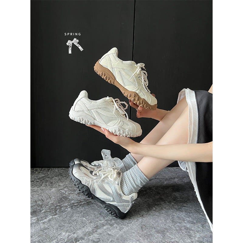 Women's Cowhide Pearl Style Height Increasing Insole Platform Casual Shoes