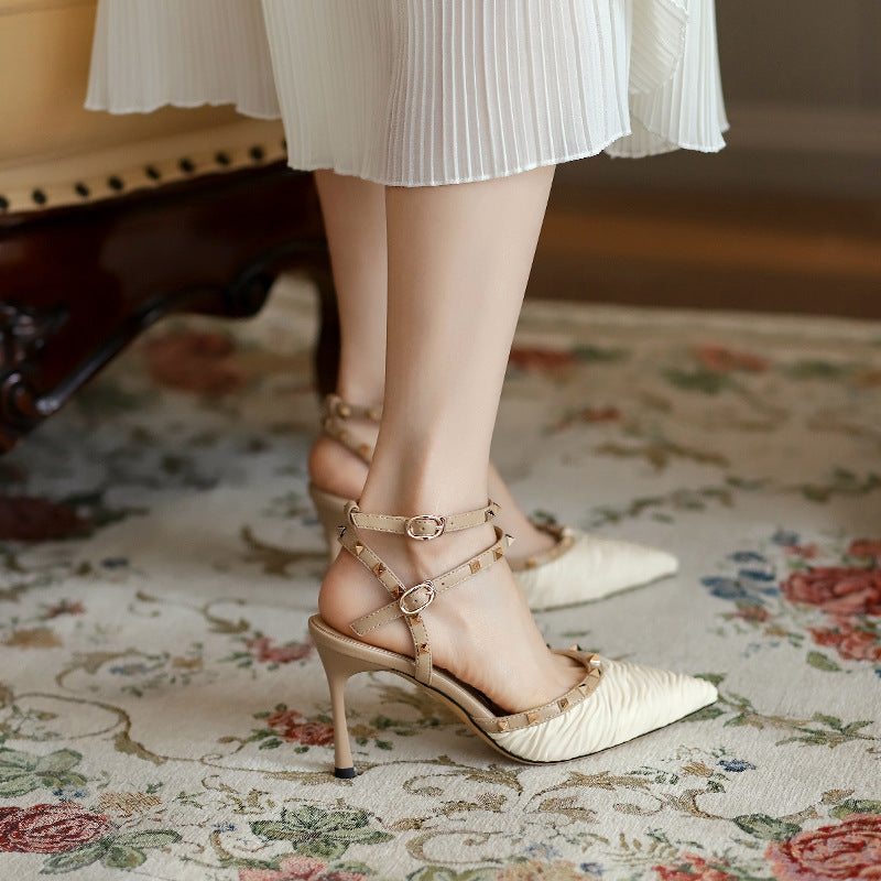 Women's Summer Pointed High Stiletto French Rivet Heels