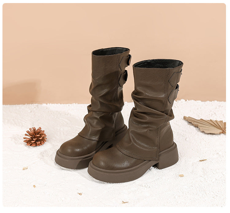 Women's Waste Style Retro Big Head Pants Pipe Pleated Boots