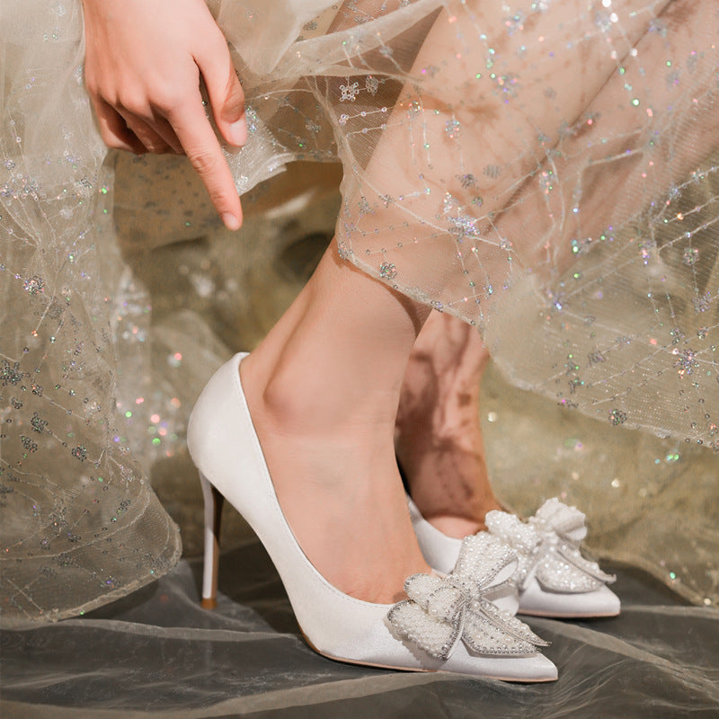 Women's Stiletto Pointed Toe Satin Pearl Bow Bridesmaid Bridal Women's Shoes