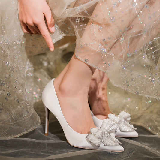 Women's Stiletto Pointed Toe Satin Pearl Bow Bridesmaid Bridal Women's Shoes