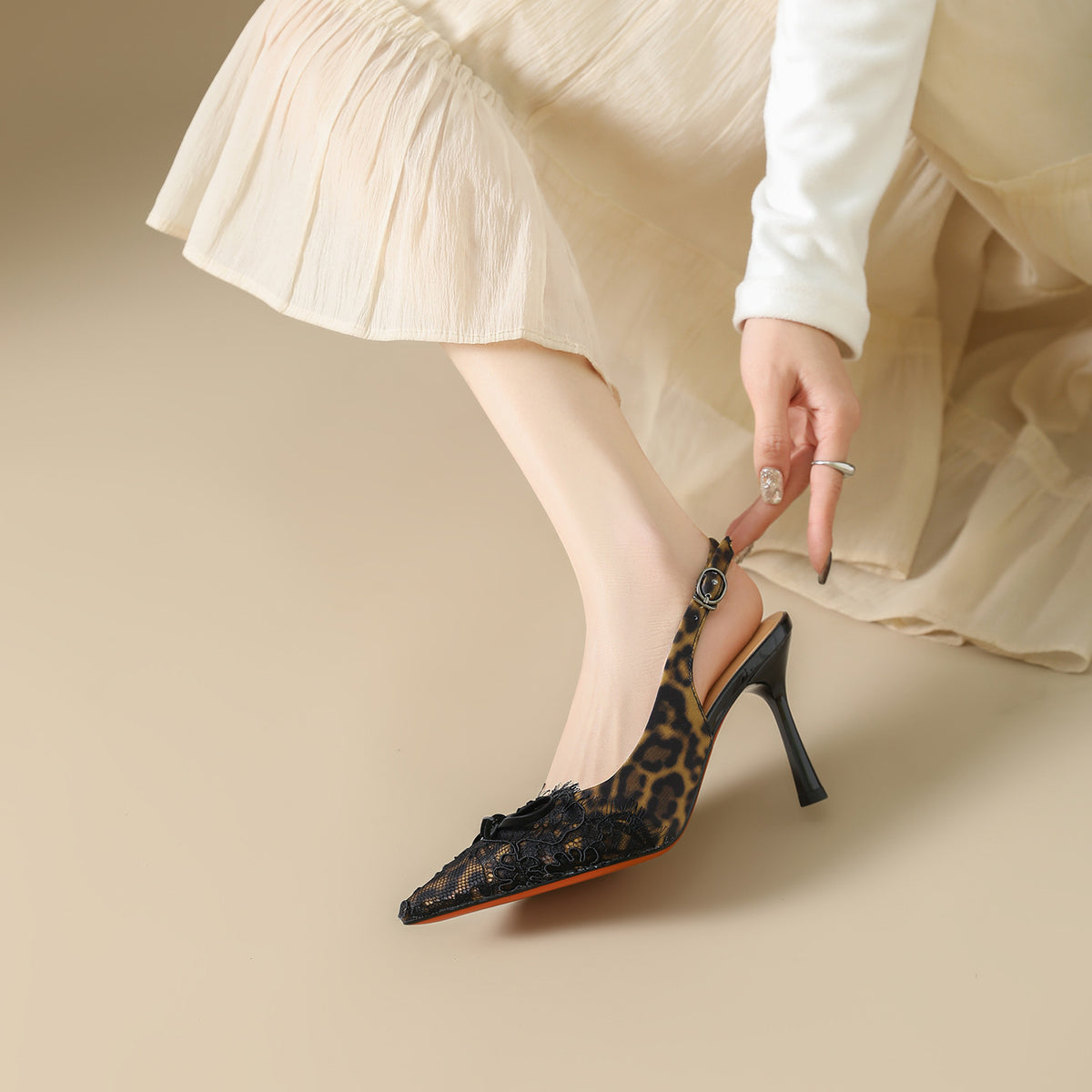 Women's Print Lace High-heeled Pointed Toe Slingback Stiletto Women's Fashion Shoes