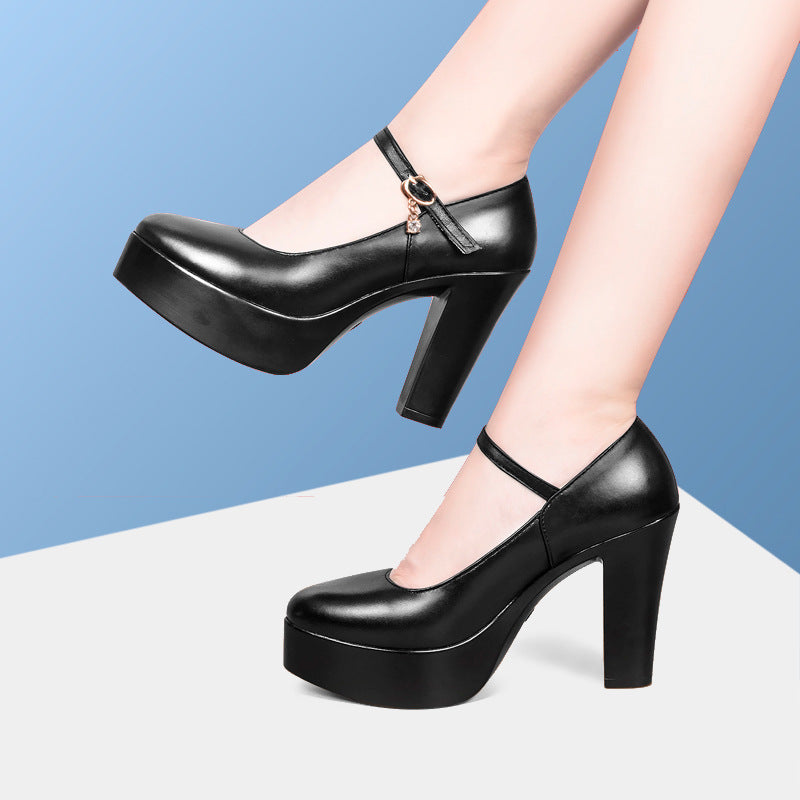 Women's Roll Chunky Waterproof Platform High Model Catwalk Show Genuine Workplace Heels