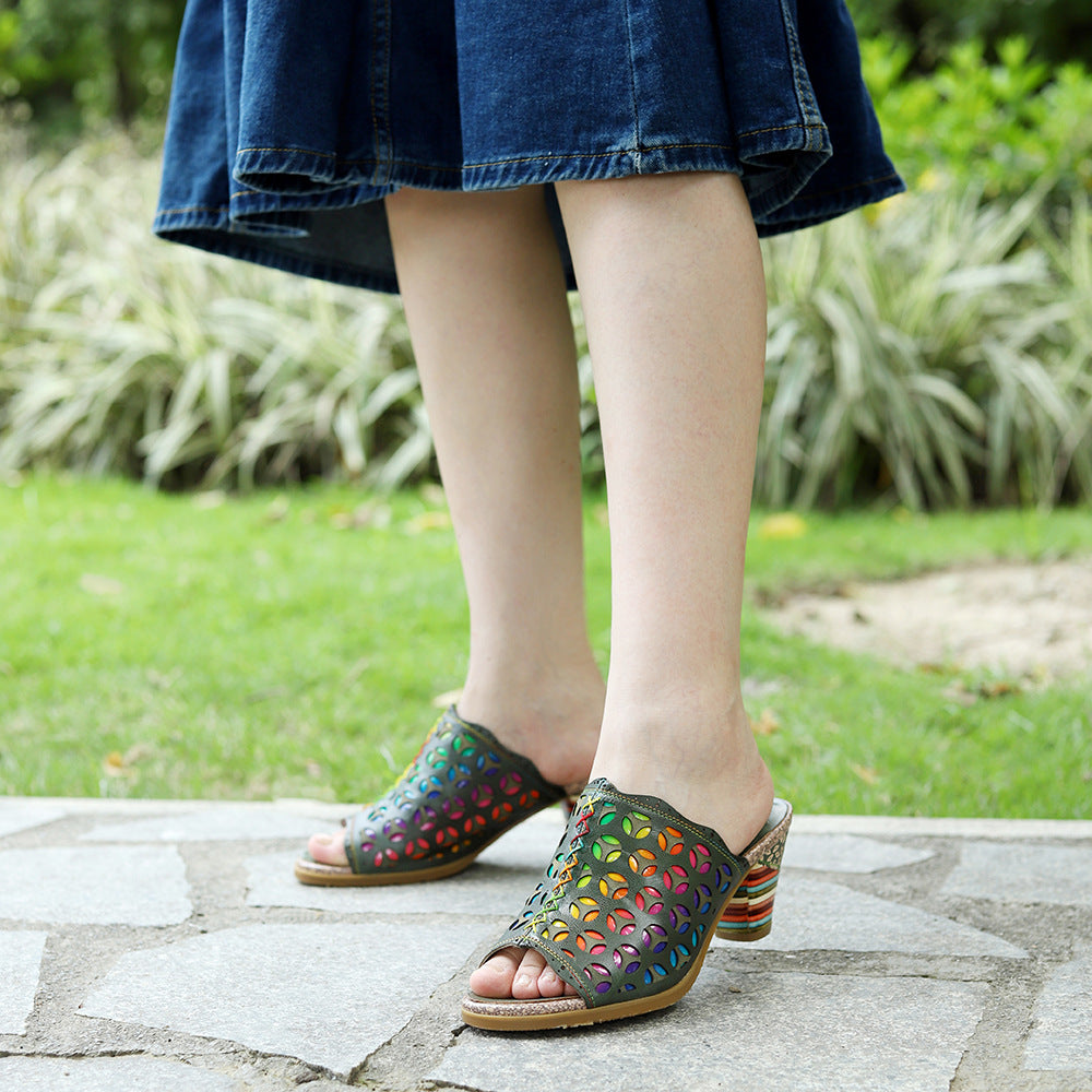 Handmade Genuine Brushed Retro Colorful Hollow Sandals