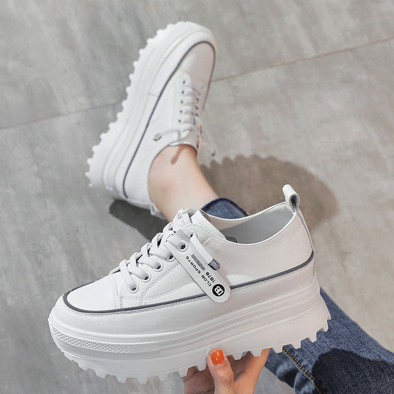 Women's Cowhide Low-cut White Thick Bottom Increased Spring Women's Casual Shoes
