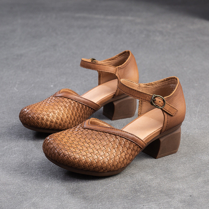 Women's Closed Toe Breathable Retro Small Woven Heels